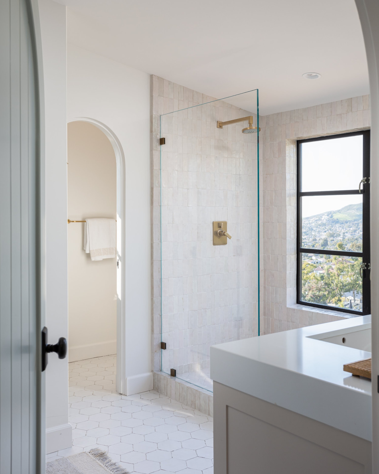 Primary bath with zellige tile shower and brass fixtures
